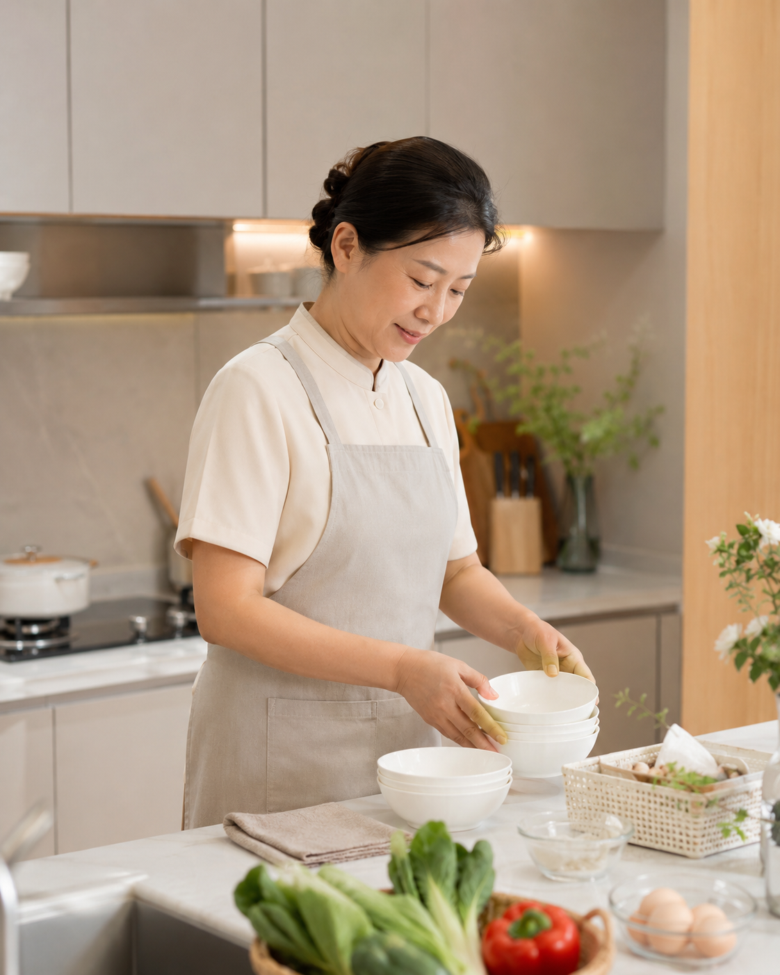 住家保姆在厨房整理餐具和食材